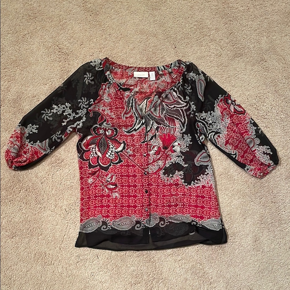 Chico's asymmetrical Red & Black Graphic 1/2 Sleeve sheer Blouse
